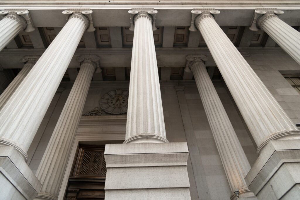 Federal court building columns looking up.