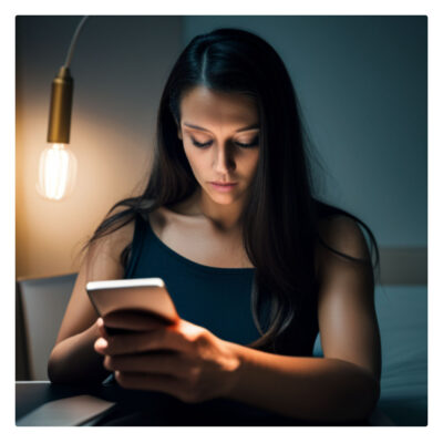 Woman engaging with a text scam on her cell phone 