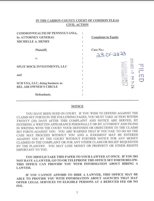 Lawsuit filed by PA Attorney General against company