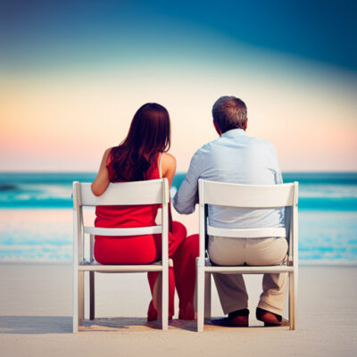 a man and woman sitting on chairs on a beach considering timeshare in an estate