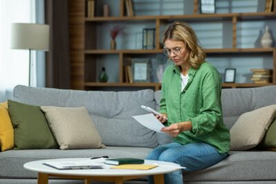 Serious and confused senior woman in glasses sitting on sofa at home. Worriedly holding the phone