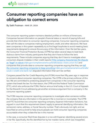 CFPB PR on Accurate Credit Reporting