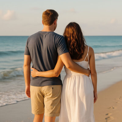 a couple walking down beach