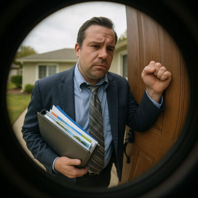 Timeshare reseller knocking on a door